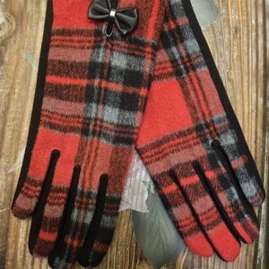Elegant Red and Black Plaid Women's Gloves with Bow